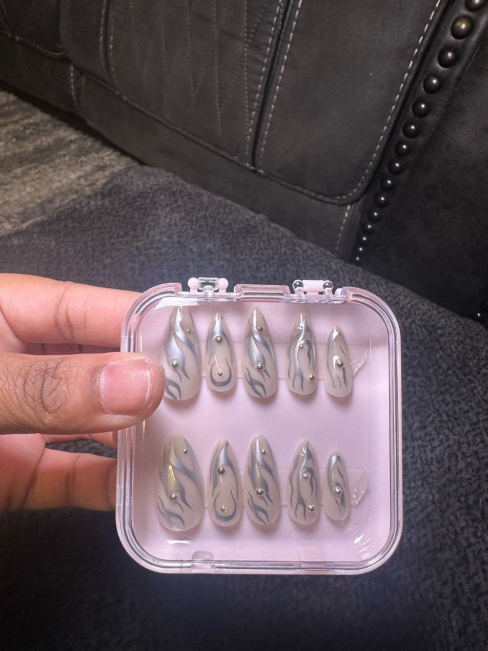 Two Pack Handmade Press-On Nails with Silver Flame Design - Nude Base